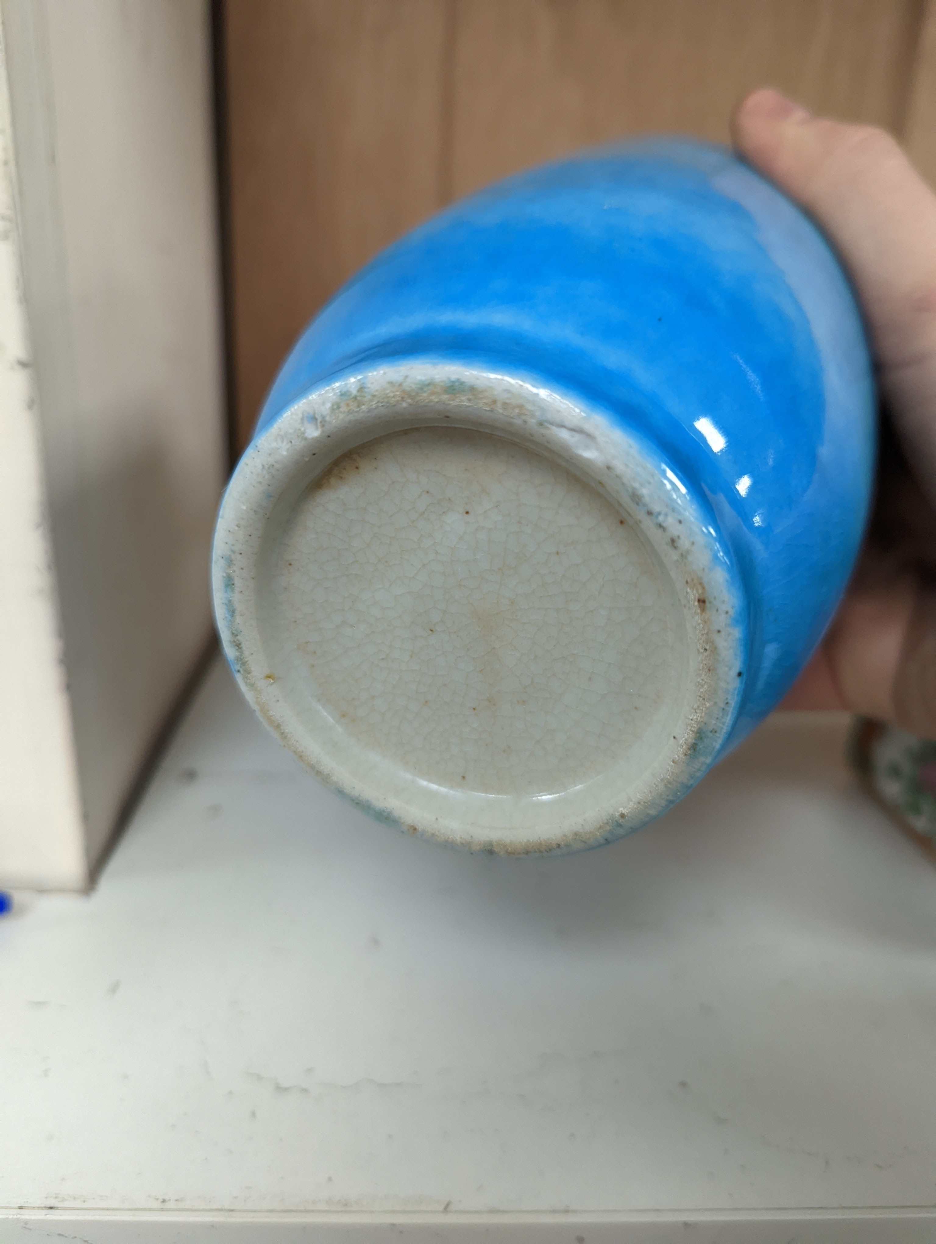A Chinese turquoise glazed vase 22cm, with a fine crackle to the exterior glaze